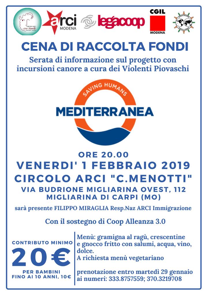 01/02/2019 ore 20.00 Migliarina di Carpi cena di raccolta fondi per Mediterranea